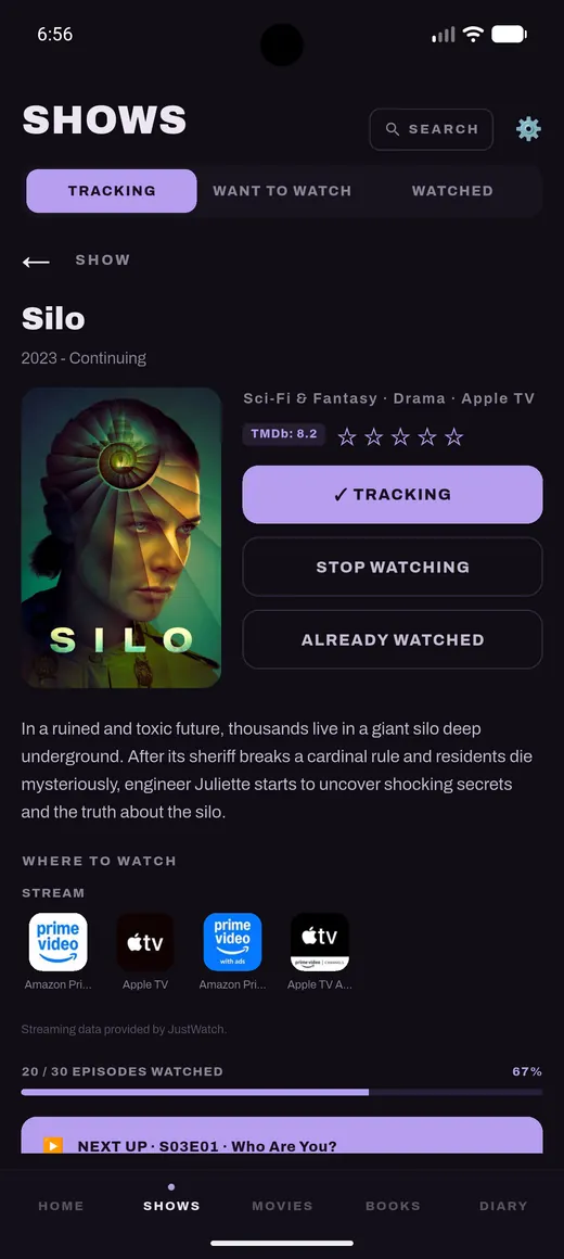 A TV show detail page in Nxtory